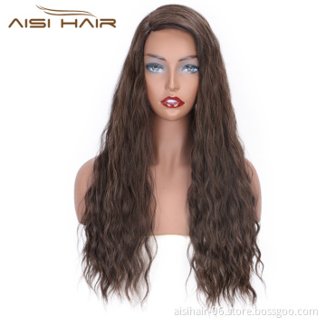 Aisi Hair Brown Color Lace Part Heat Resistant Synthetic Hair Wigs with Bangs Long Wavy Side Part Wigs for Black Women